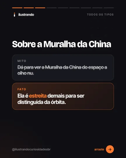 Slide 3 do carrossel "Todos os tipos de slide (oceanos)", tipo mito x fato: Sobre a Muralha da China. Fundo preto azulado com destaque laranja, 1080x1350 no original.