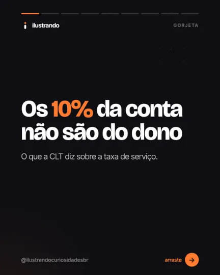 Slide 1 do carrossel "A gorjeta não é do dono", tipo capa: Os 10% da conta não são do dono. Fundo preto azulado com destaque laranja, 1080x1350 no original.