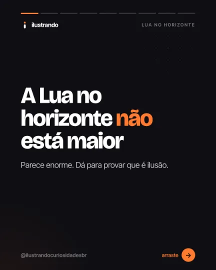 Slide 1 do carrossel "A Lua no horizonte", tipo capa: A Lua no horizonte não está maior. Fundo preto azulado com destaque laranja, 1080x1350 no original.