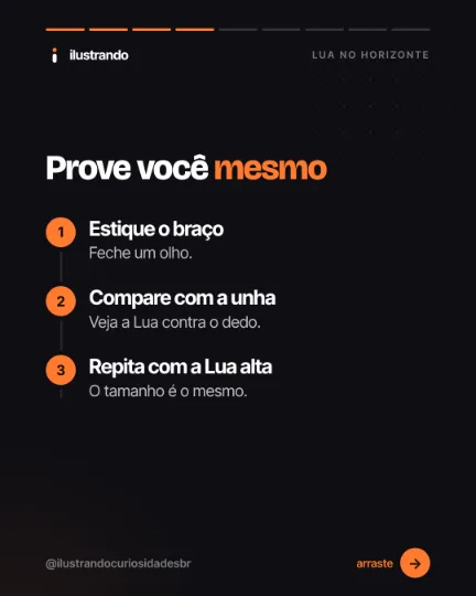 Slide 4 do carrossel "A Lua no horizonte", tipo passo a passo: Prove você mesmo. Fundo preto azulado com destaque laranja, 1080x1350 no original.