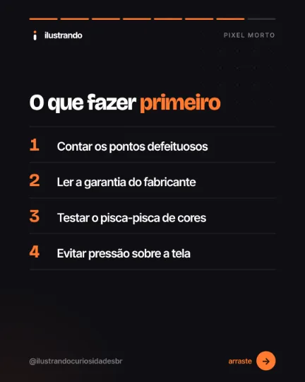 Slide 7 do carrossel "Pixel morto", tipo lista: O que fazer primeiro. Fundo preto azulado com destaque laranja, 1080x1350 no original.