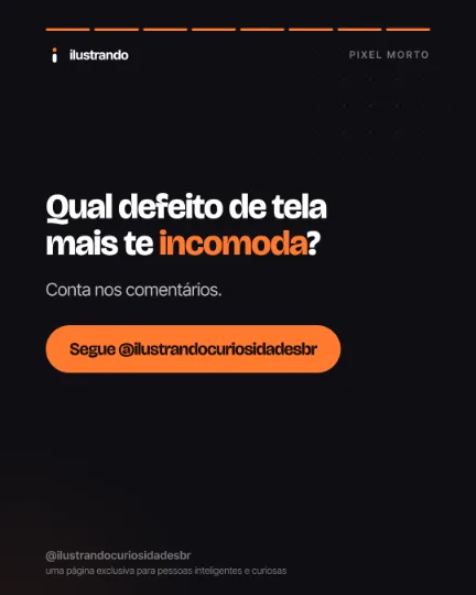 Slide 8 do carrossel "Pixel morto", tipo fecho (cta final): Qual defeito de tela mais te incomoda?. Fundo preto azulado com destaque laranja, 1080x1350 no original.