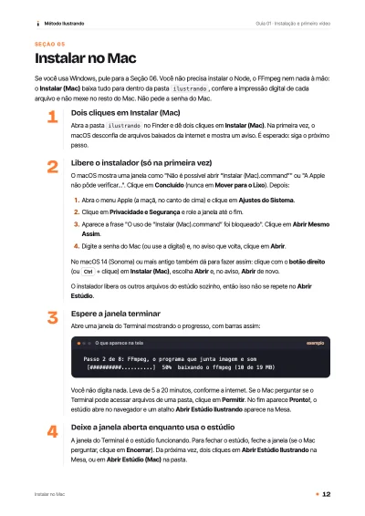 Página interna do Guia 01 com o passo a passo numerado para instalar no Mac e um exemplo da janela do Terminal.