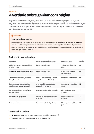 Página interna do Guia 05, "A verdade sobre ganhar com página", com aviso de que não há garantia de ganhos e a tabela dos 7 caminhos de monetização.