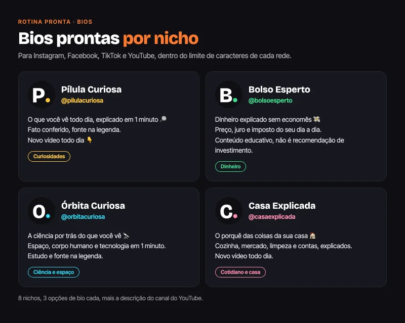 Quatro cartões de perfil com bio pronta: Pílula Curiosa, Bolso Esperto, Órbita Curiosa e Casa Explicada, cada um com avatar e cor do nicho.