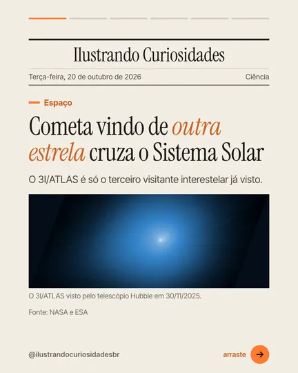 Carrossel gerado pela skill de carrossel do estúdio. Slide 1 do carrossel "Cometa 3I/ATLAS", tipo capa de jornal: manchete serifada "Cometa vindo de outra estrela cruza o Sistema Solar", com data, editoria e foto do telescópio Hubble. Fundo de papel, 1080x1350 no original.